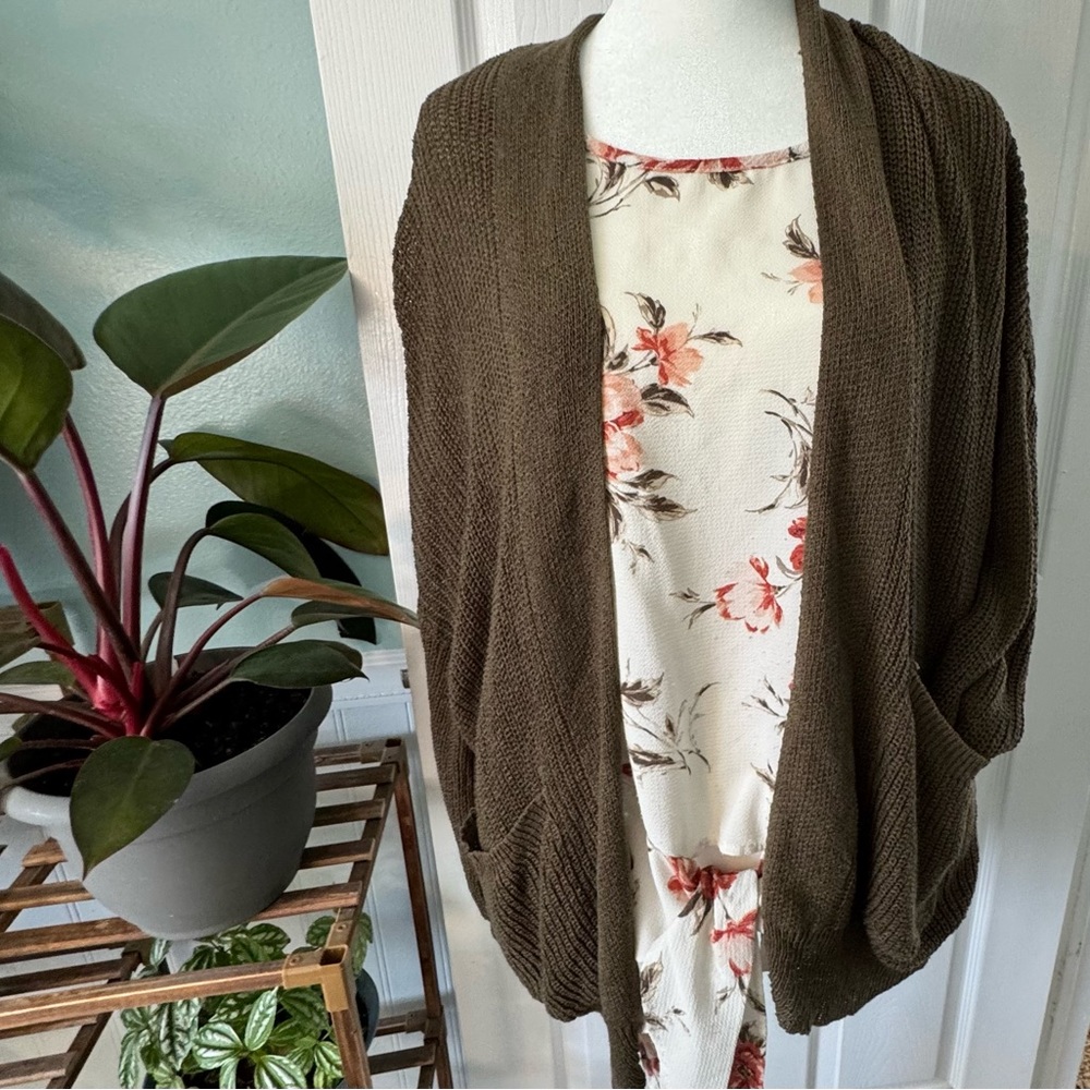 Mikarose Olive Cardigan & Floral Blouse Set